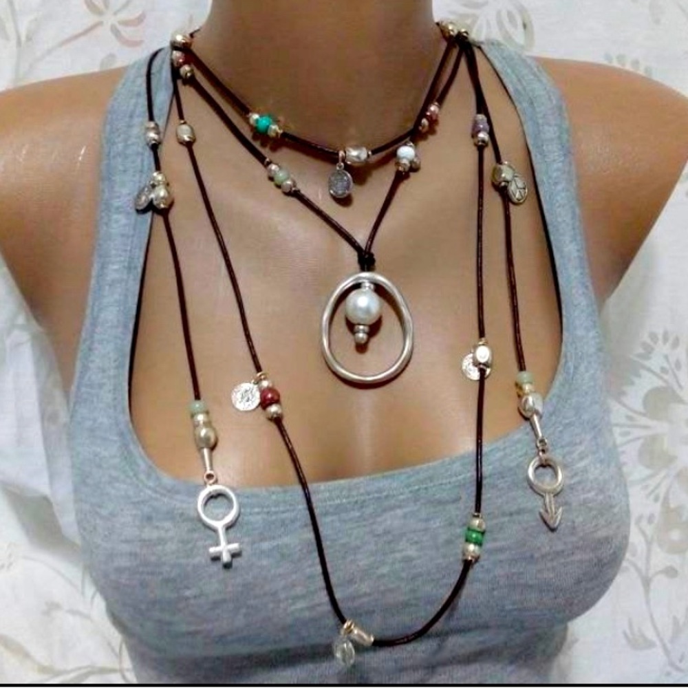 Boho multi-necklace leather silver embellished